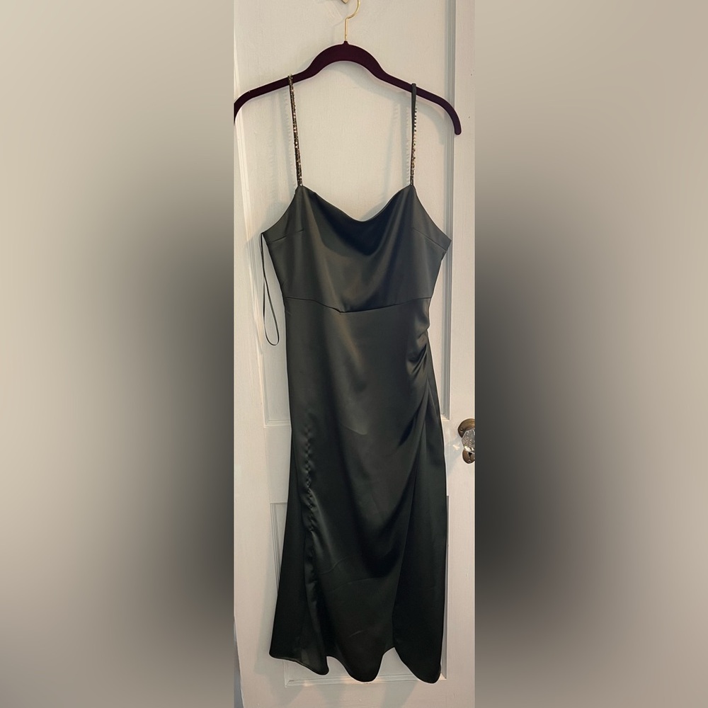 Zara green satin wedding guest dress!